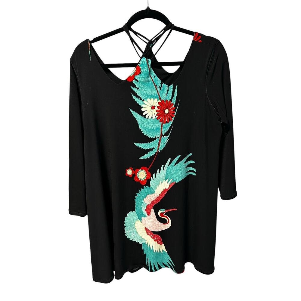 Eva Varro Black Multicolor Crane Print Off The Shoulder Tunic Top Womens XL